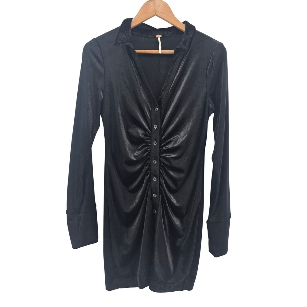 Free People Mini Dress Womens S Black Lucky You Ruched Velvet Button Front